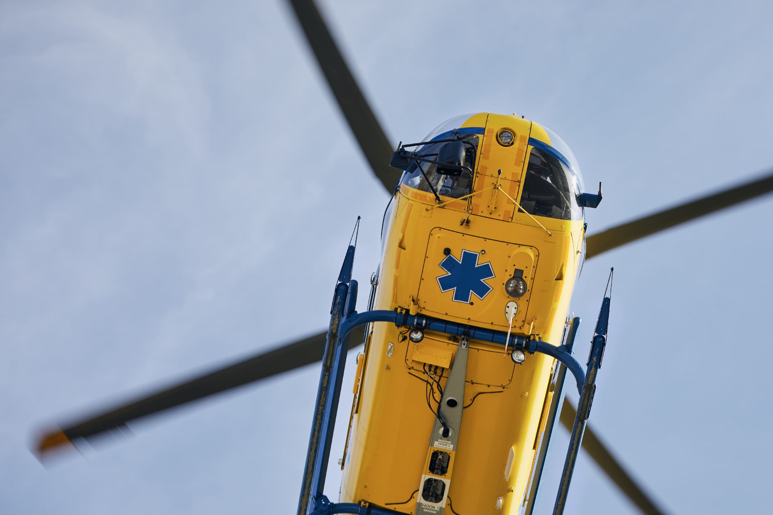 A flying air ambulance transporting a patient.